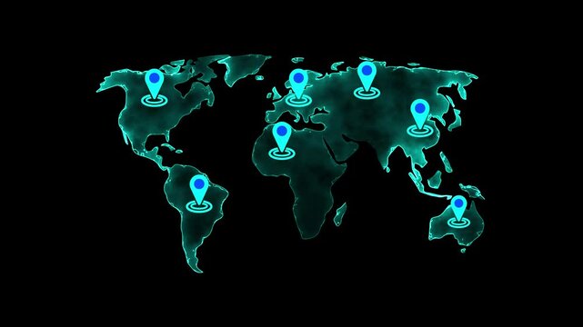 neon glowing world map animation with location pointers. GPS location services motion graphics. location markers indicating world maps 4k video footage.
