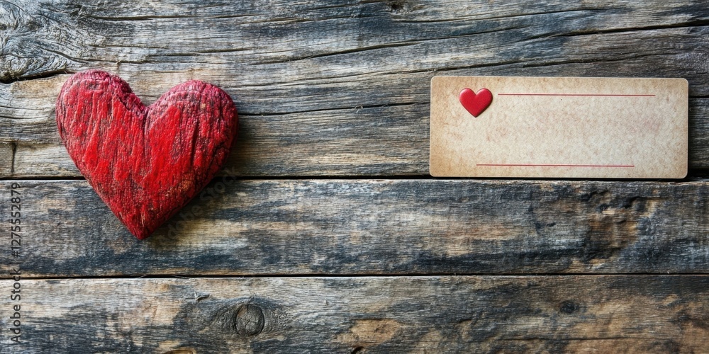 Poster rustic wooden background featuring a textured red heart on the left and a blank love card on the rig