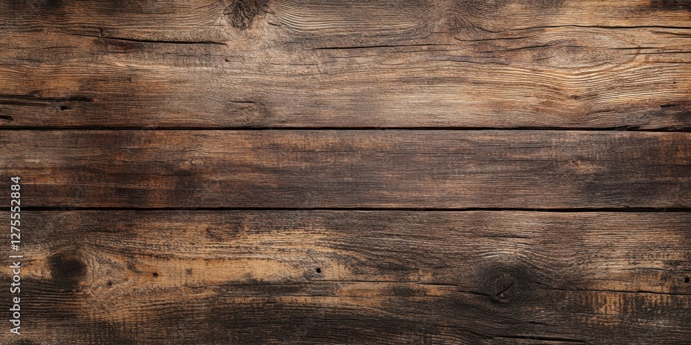 Poster classic wooden backdrop with rich brown textures and ample horizontal copy space, viewed from a bird