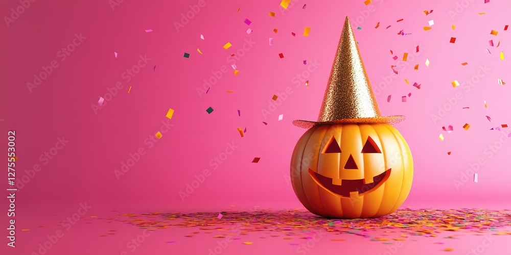 Aufkleber smiling carved pumpkin with a golden party hat on a vibrant pink background with colorful confetti s