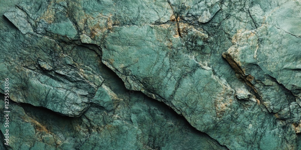 Poster abstract textured rock background in trendy classic green featuring deep cracks and layers positione