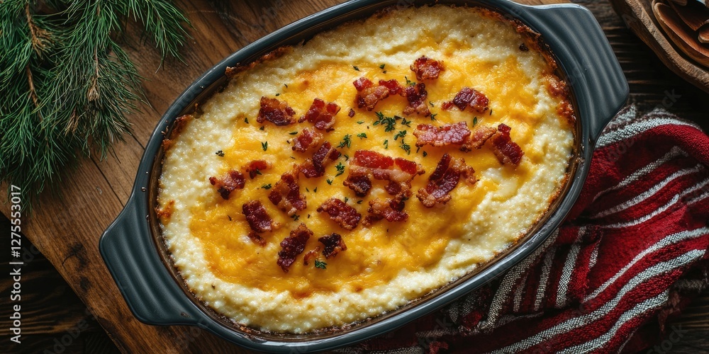 Poster creamy baked cheese dish topped with crispy bacon bits served in a dark rectangular dish on a wooden