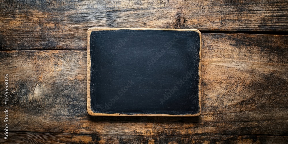 Poster chalkboard on rustic wooden background featuring dark slate and warm brown tones with textured grain