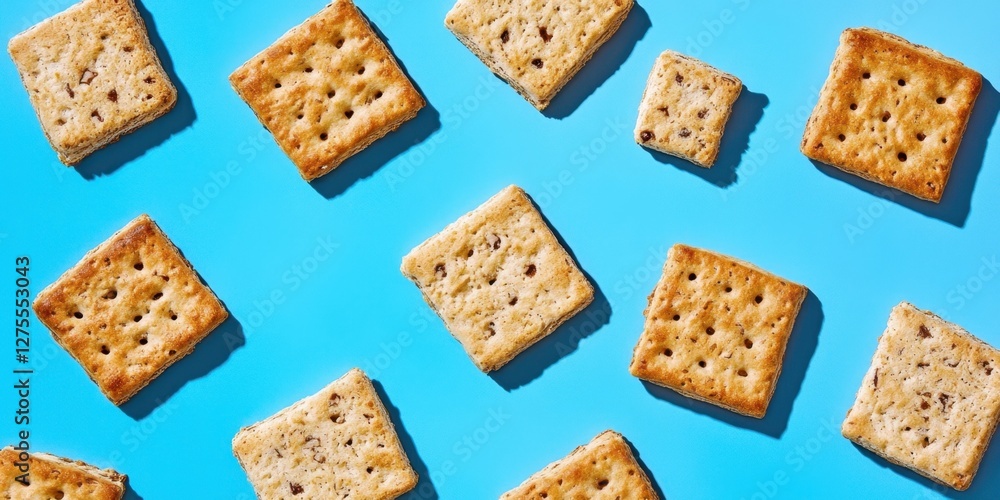 Fototapete Golden rusks scattered on a vibrant blue background with varied sizes and shapes creating a dynamic layout for a visually appealing snack display.