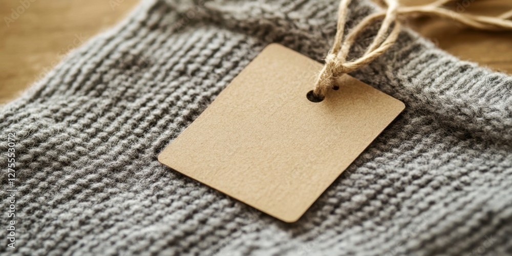 Poster Neutral gray knitted fabric with a light brown cardboard label attached using twine. Close-up shot highlighting space for text on a wooden surface.