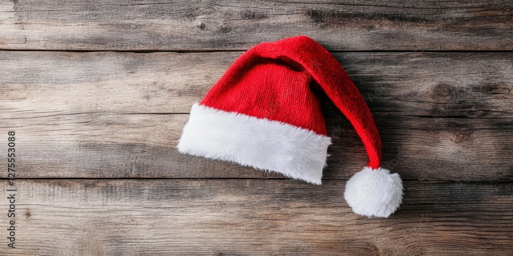 Poster Santa Claus hat in bright red and white laid on rustic wooden background with ample copy space on the left side for text or graphics.