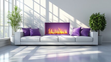 Modern living room, fireplace, sunlight, sofa, plants