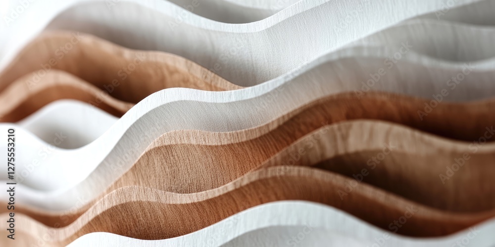 Leinwandbilder Timber and white wave pattern design featuring overlapping wood textures with smooth curves in light brown and white tones arranged horizontally.