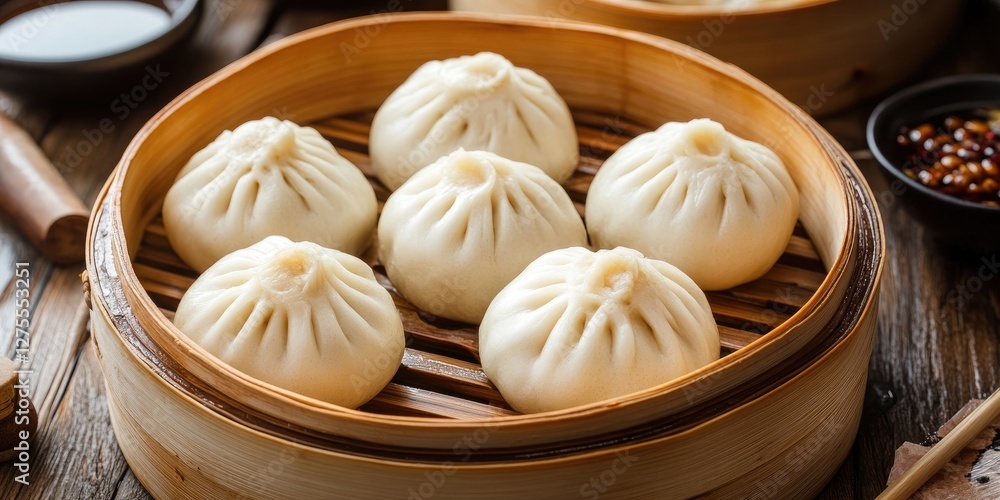 Poster steaming basket with six white baozi dumplings arranged in a circle on a wooden surface with dipping