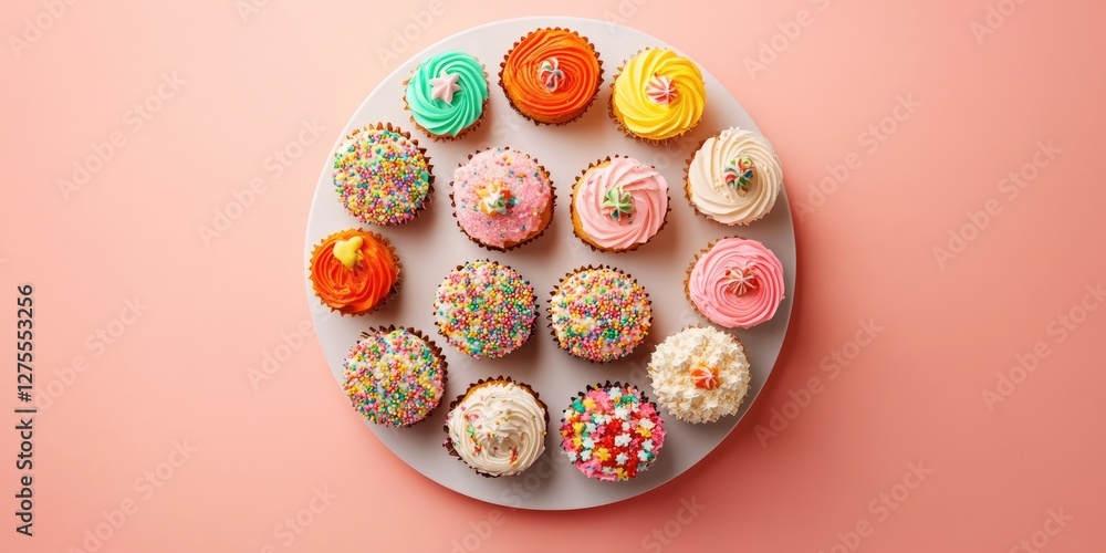 Poster colorful assortment of frosted cupcakes on a round white plate against a soft peach background with 
