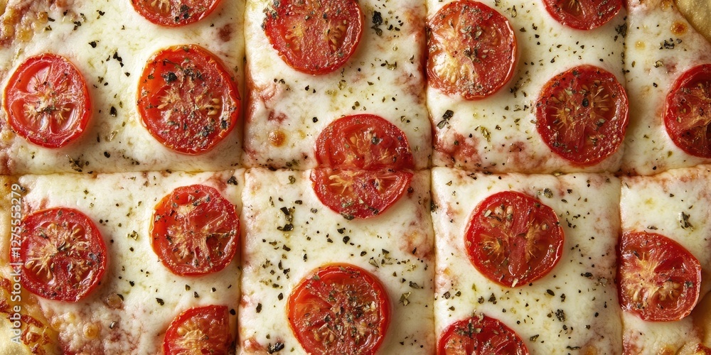Poster aerial view of a classic margherita pizza with fresh tomato slices and melted cheese arranged in a g