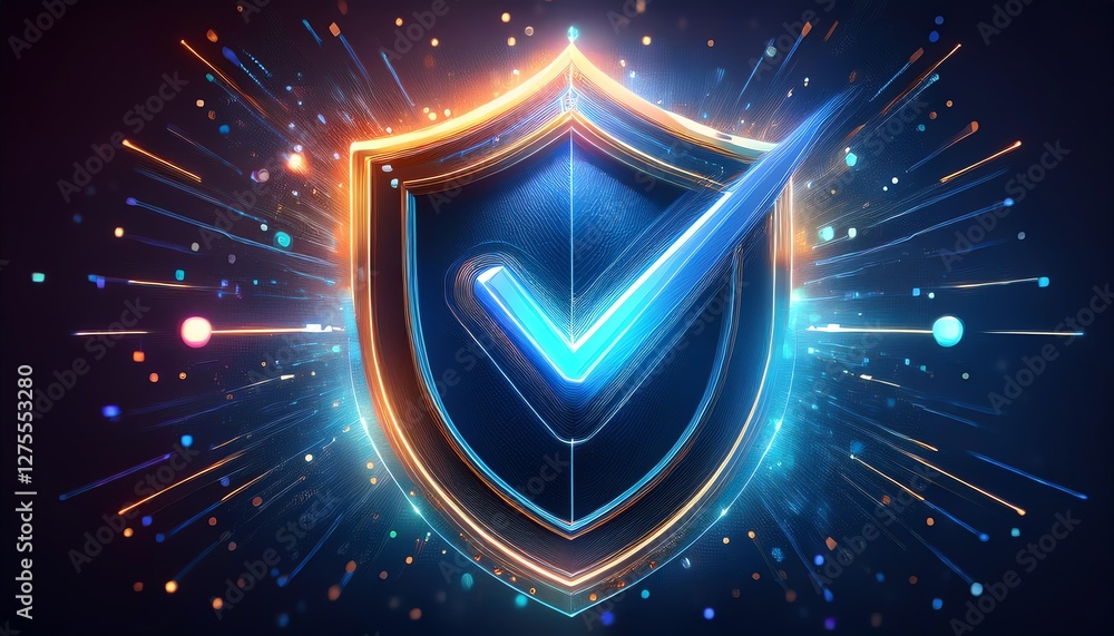Poster a glowing shield with a check mark, representing security and trust, surrounded by colorful sparks a