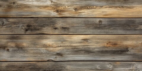 Fototapeta premium Rustic aged wood texture background featuring horizontal brown and gray panels with natural grain and knots, ideal for vintage decor or design.