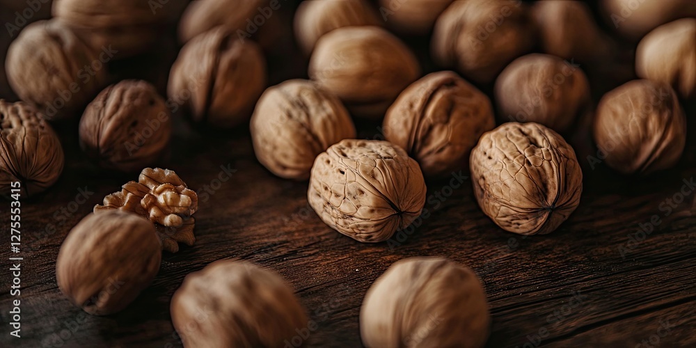 Poster Walnuts scattered on a rustic wooden table with a focus on a split walnut revealing its light brown kernel, creating an earthy ambiance.