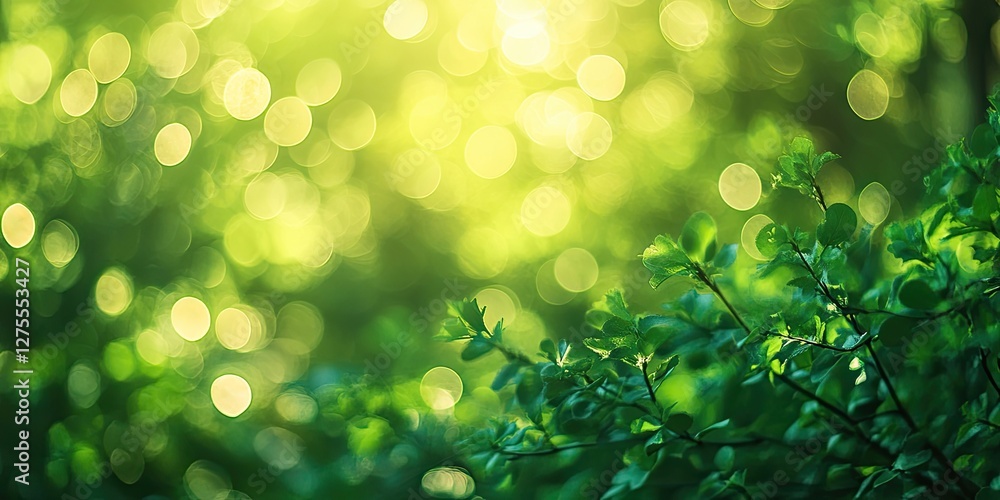 Fototapete Bokeh effect with vibrant green leaves in the foreground and softly blurred light spots creating a dreamy ambiance in a lush natural setting.