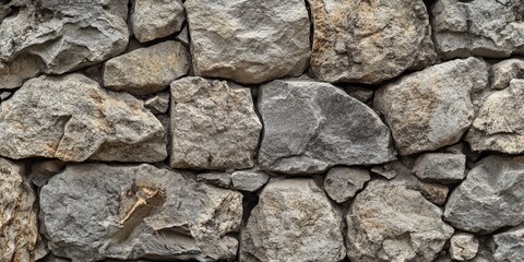 Textured gray stone wall with irregularly shaped rocks, showcasing various shades of gray and beige, creating a natural rustic appearance.