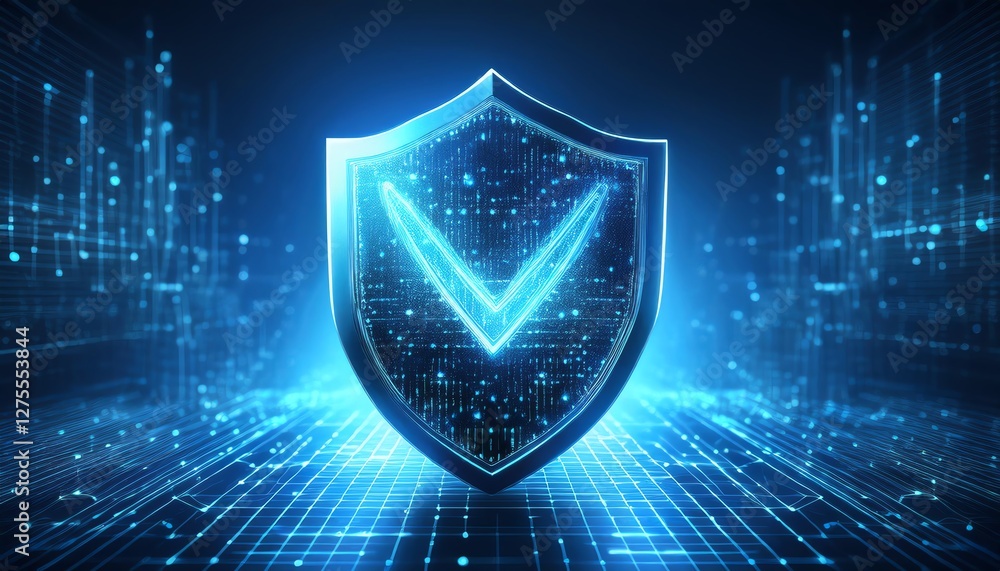 Poster a glowing digital shield symbolizing security and protection in a high-tech environment, featuring a