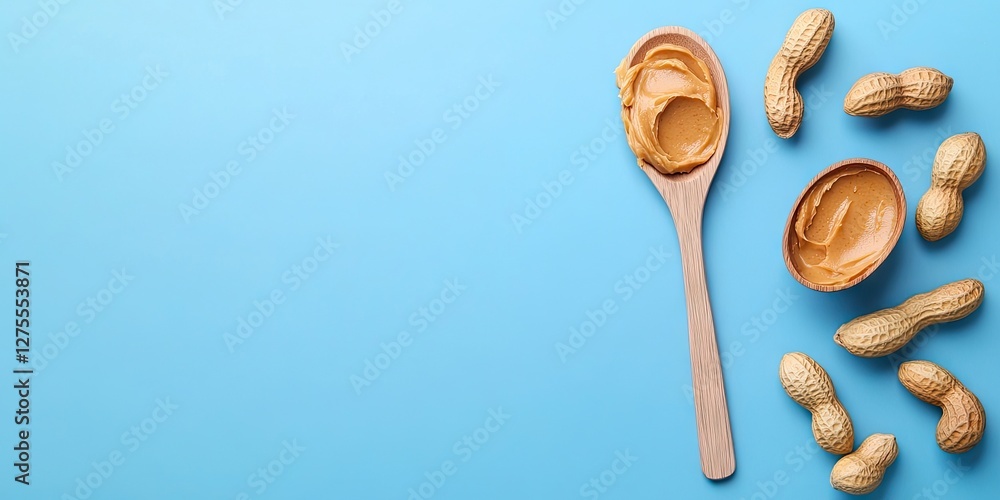 Poster Peanut butter on a wooden spoon with whole peanuts scattered on a light blue background creating a colorful and appetizing food composition.