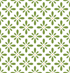 Vector minimalist seamless pattern featuring stylized green floral shapes with small orange centers, off-white background.