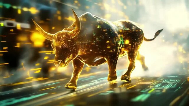 A futuristic golden bull made of glowing digital data runs forward, symbolizing bullish financial growth, stock market success, and technological innovation in the digital economy.