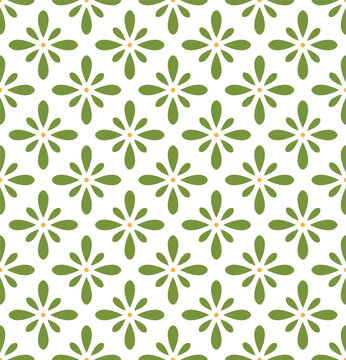 Vector minimalist seamless pattern featuring stylized green floral shapes with small orange centers, off-white background.