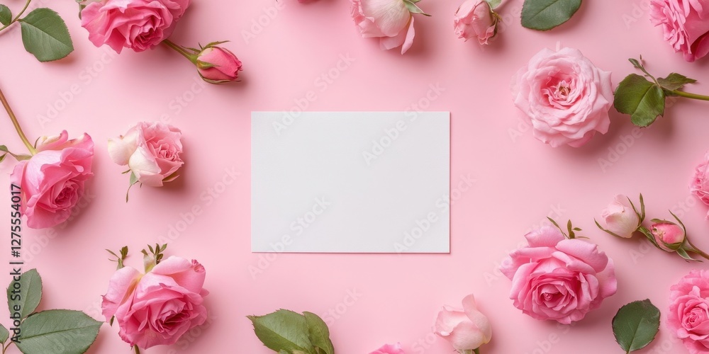 Poster blank paper card mockup centered on a pink pastel background surrounded by assorted pink rose flower