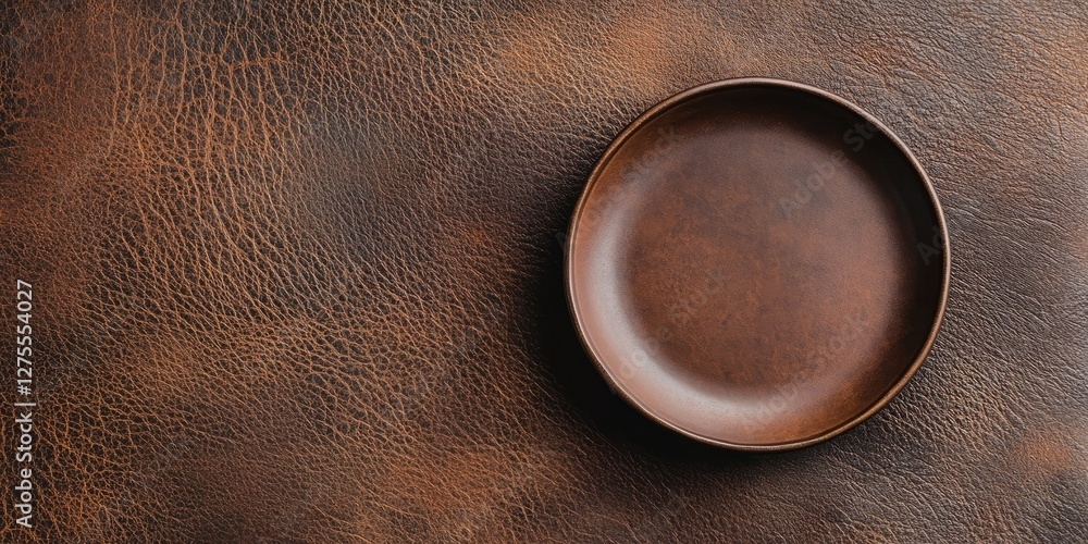 Aufkleber Brown plate centered on a textured weathered leather surface exhibiting rich dark and light brown tones emphasizing rustic elegance and simplicity.