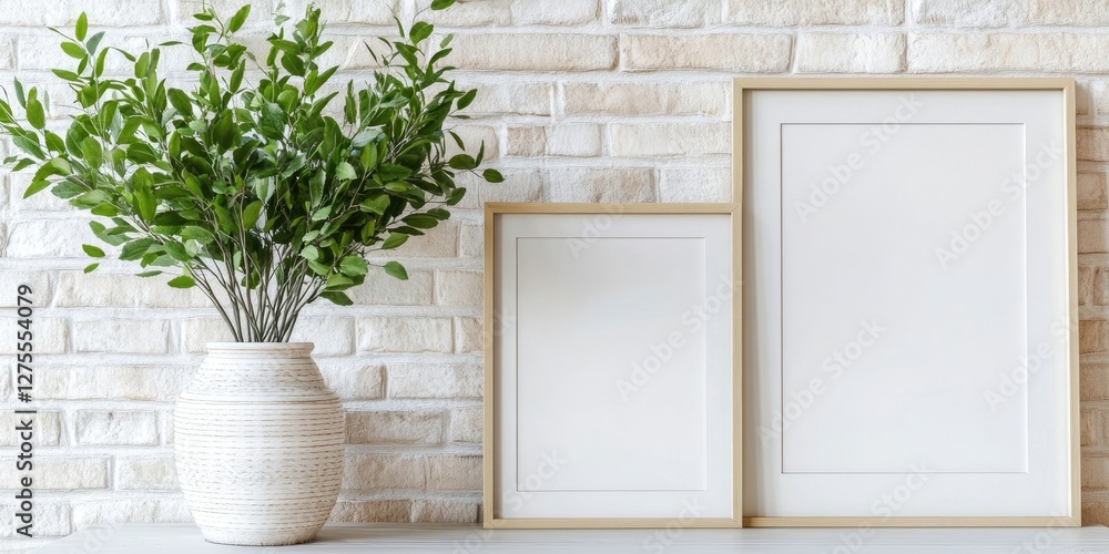 Aufkleber minimalist home decor with green foliage in a textured vase next to two empty frames on a white bric