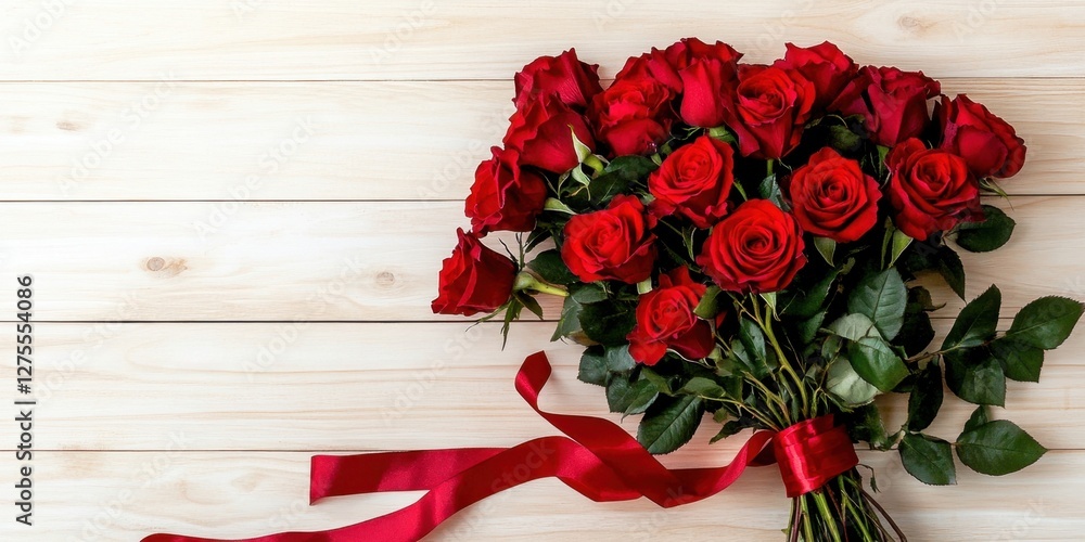 Poster vibrant red rose bouquet with flowing red ribbon positioned on a light wooden backdrop offering ampl