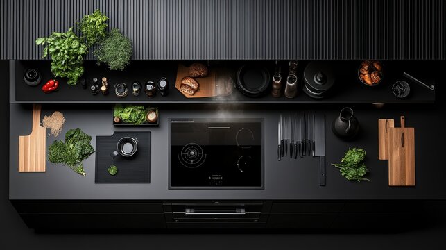 High-end German kitchen with a smart induction stove, quartz countertops, and matte black cabinets, top view.