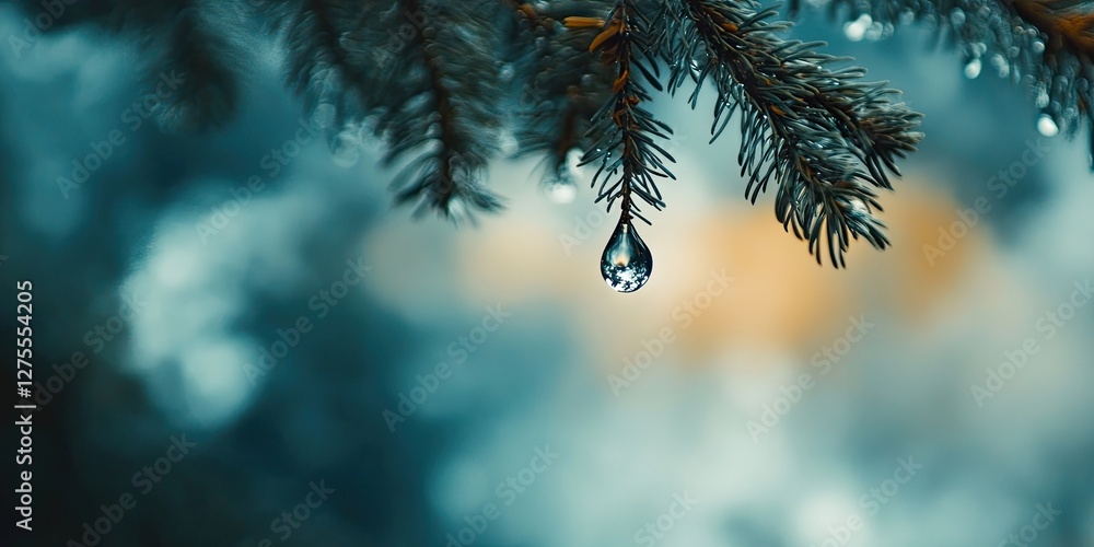 Fototapete Close-up of a water droplet hanging from a pine tree branch with a blurred background of soft blue and warm yellow tones creating a serene nature scene