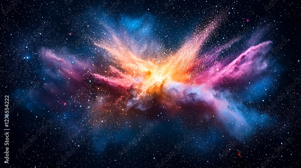 Poster Colorful cloud explosion in the galaxy. Abstract burst of colors and light representing space. Graphic design background