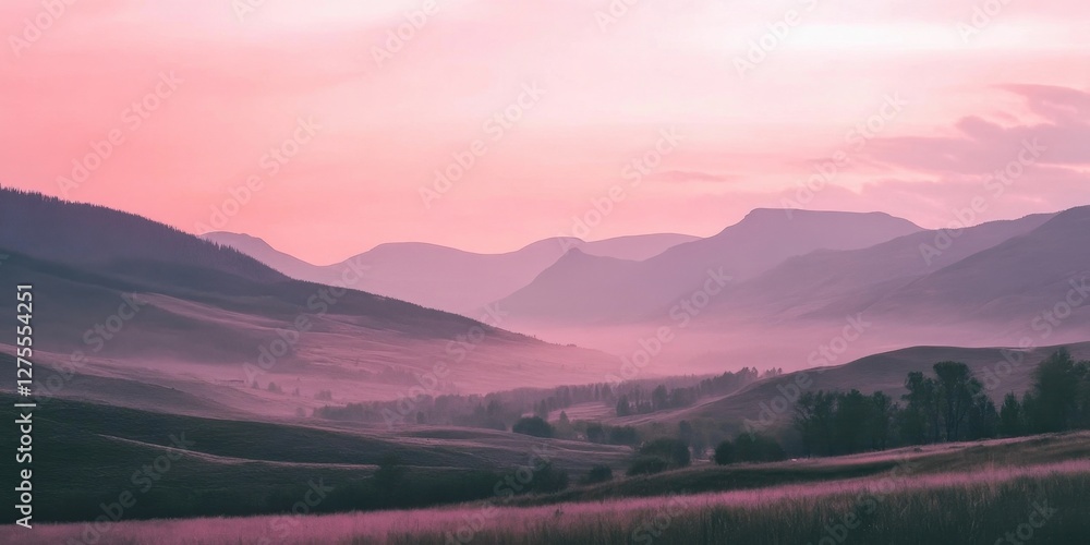Poster serene landscape featuring rolling hills and distant mountains under a pinkish sky with soft clouds 