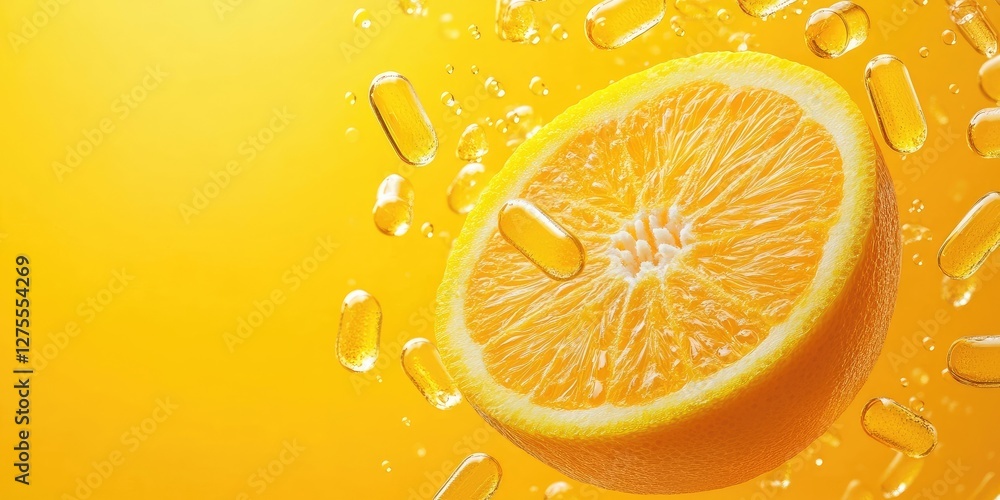 Poster fresh orange half with vibrant yellow background surrounded by floating transparent capsules reflect
