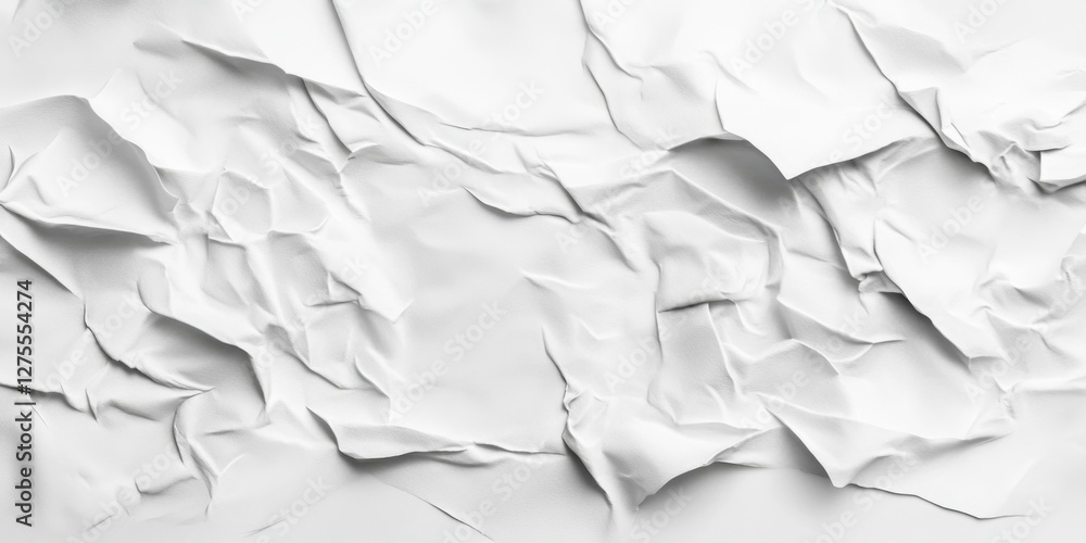 Poster crumpled white paper texture with soft shadows creating depth and dimension showcasing a smooth, min
