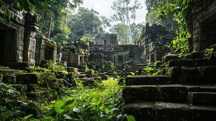 Ancient ruins overgrown with dense jungle vegetation stand as a reminder of a lost civilization. The crumbling stone structures are enveloped by towering tropical plants. Generative AI