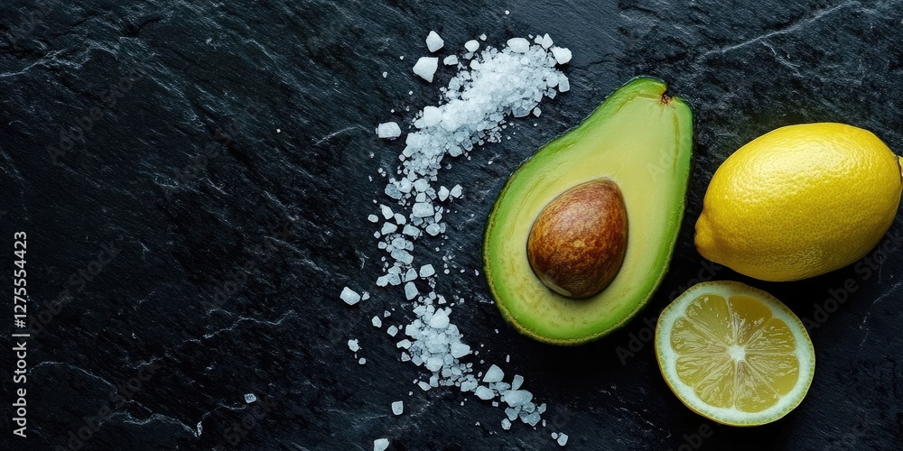 Poster fresh avocado halves on a dark stone surface with coarse sea salt and whole lemon, garnished with a 