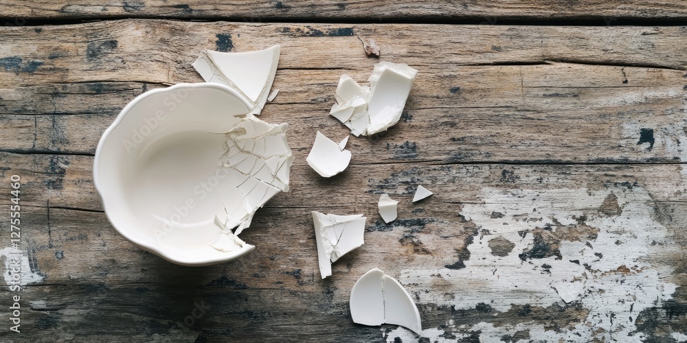 Poster Broken ceramic bowl pieces scattered on rustic wooden surface with natural light creating subtle shadows and textures around.