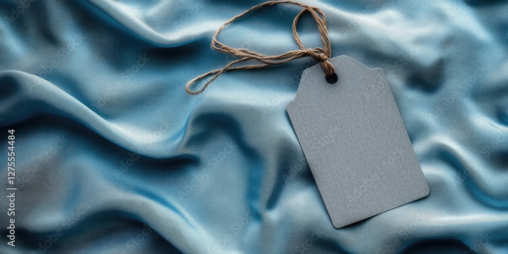 Aufkleber blank grey tag with a hole and twine lying on light blue silky fabric, creating a soft and elegant b