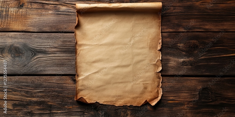 Poster aged parchment paper on a rustic wooden table showcasing warm brown tones with curled edges, centere
