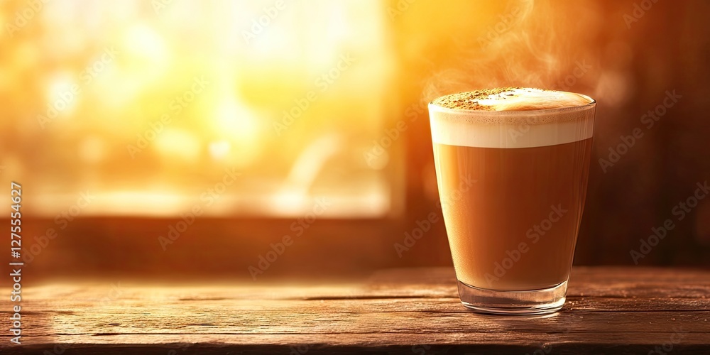 Poster steaming latte coffee in a clear glass cup on a rustic wooden table with warm morning light streamin