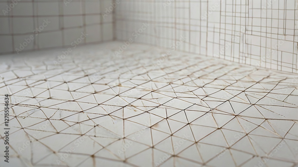 Poster stark white paper grid with etched lines forming geometric pattern in an abstract room