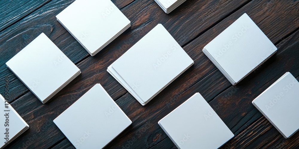Aufkleber blank white business cards arranged on a dark wooden surface creating a clean and minimalist layout 