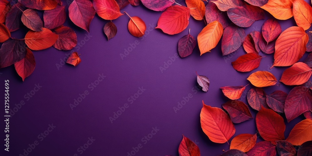 Poster vibrant autumn leaves in red and orange scattered on a deep violet background with ample negative sp