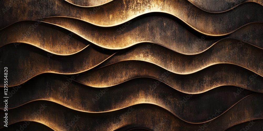 Poster Textured bronze wave pattern background with curved layers creating depth and visual interest in rich golden and dark brown tones