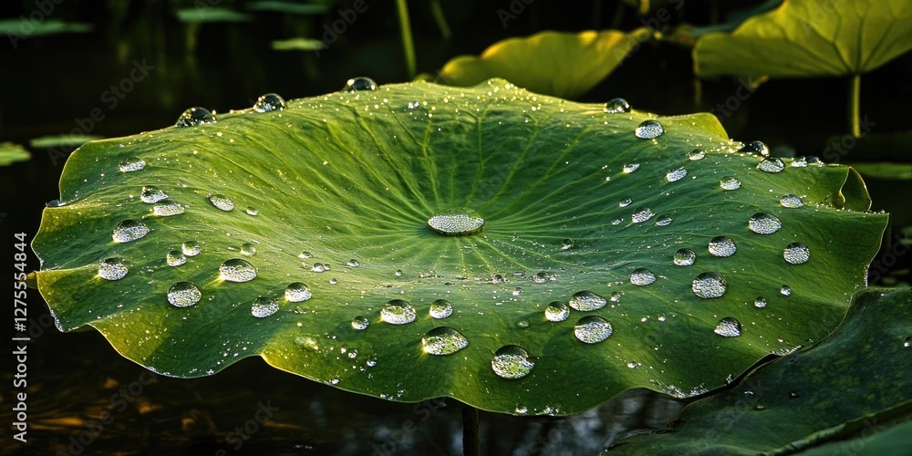 Poster large green lotus leaf adorned with shimmering water droplets in a tranquil swamp setting illuminate