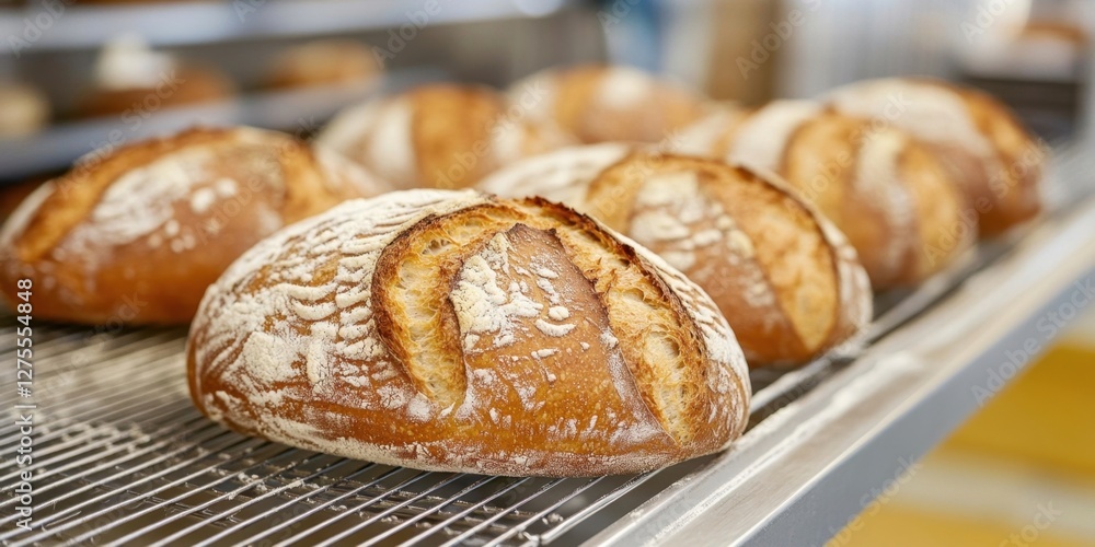 Poster artisanal round breads with golden crusts dusted with flour sitting on a metal cooling rack against 