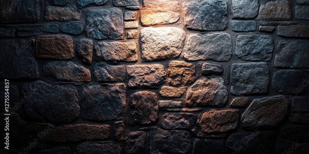 Aufkleber dark stone wall texture with uneven surfaces and shadows, illuminated by warm light from the top lef
