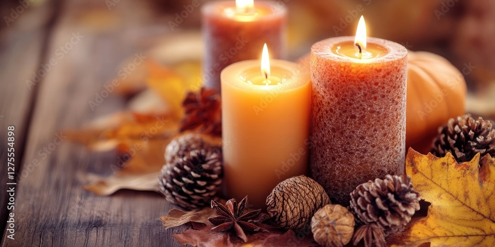 Poster cozy autumn candles surrounded by colorful leaves pinecones and pumpkins on a wooden table creating 