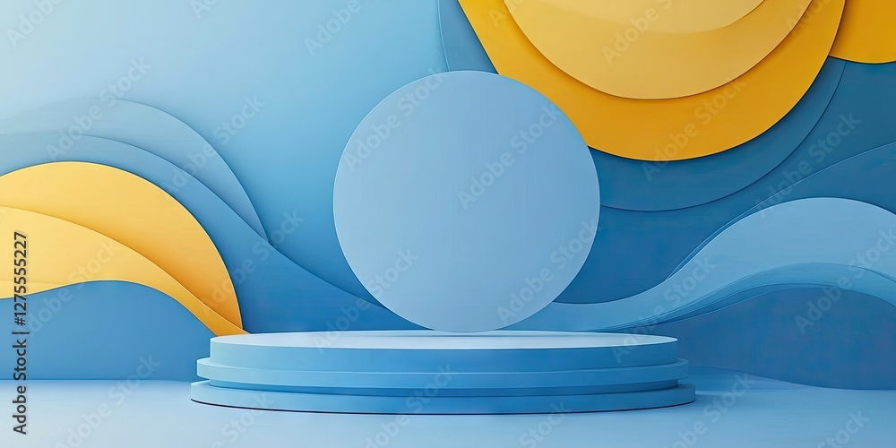 Leinwandbilder abstract blue and yellow layered backgrounds with circular podiums and waves creating a vibrant mode